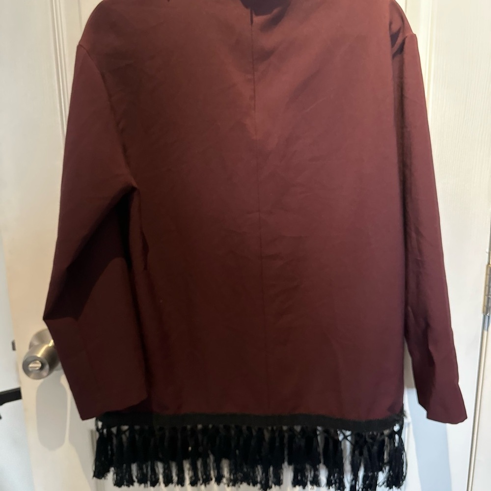 Zara Woman Maroon Long Sleeve Mock Neck Fringe Hem Shirt Women's Medium boho - Picture 5 of 7
